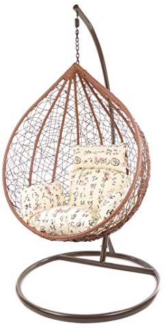 KIDEO Komplettset: großer Hängesessel mit Gestell & Kissen, Korbsessel, Poly-Rattan (Korb & Gestell: braun, Kissen: beige/Gemustert Nest (7050_travel))