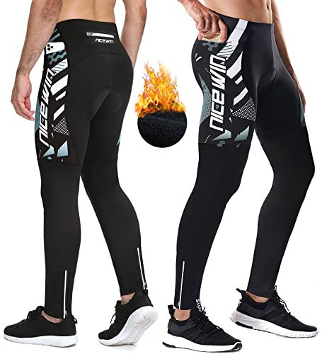 NICEWIN Radlerhose Fahrradhose Herren Lang mit Sitzpolster 4D Gepolsterte Winter Thermo Radhose Atmungsaktiv stoßfeste Tights Elastisch Hosen,L,Grau-Thermo Wolle