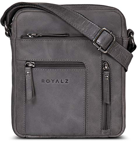 ROYALZ 'Dallas' Kleine Umhängetasche Herren Leder - Männer Schultertasche Echtleder im Vintage Look - Mini Ledertasche ideal für Alltag und Freizeit, Farbe:Navy Grau