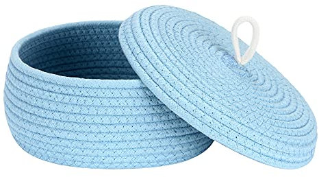Sea Team Eleganter runder Baumwollseil-Aufbewahrungskorb mit Deckel - Multifunktionaler Organizer für Snacks, Handtücher uvm. - Ideal für Ihr Zuhause, 10 x 4,5 Zoll (Klein,Flach,Blau)
