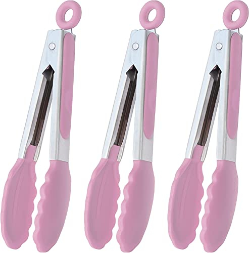 HINMAY 7-Inch Small Cooking Tongs with Silicone Tips Mini Serving Tongs, Set of 3 (Pink)