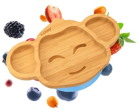 nohla ® - Milo The Monkey - Bamboo Baby Weaning Suction Plate - 16.7cm x 26cm - Spill-Proof Suction Base - Ideal from 6 Months - 100% Bamboo & FDA Silicone - Organic & BPA-Free - Blue