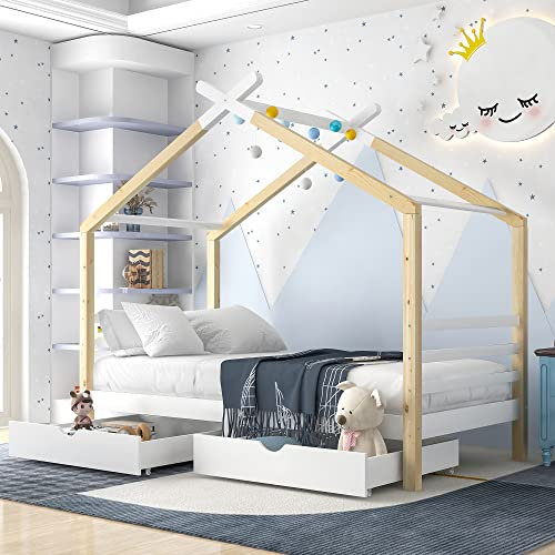 Kinderbett Hausbett 90x200 cm, Bettgestell mit 2 Schubladen, Bett für Jungen und Mädchen, Massivholzbett mit Rausfallschutz und Lattenrost, ohne Matratze, Weiß+Natur