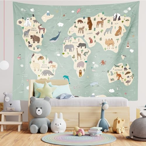 Loccor Wandteppich mit Tier-Weltkarte, 1.5x1.3m, handbemalt, grau-grün, Cartoon-Motiv, Wandteppich, KinderSchule, Klassenzimmer, Poster, Hintergrund für Kinder, Schlafzimmer, Wohnzimmer, Wohnheim