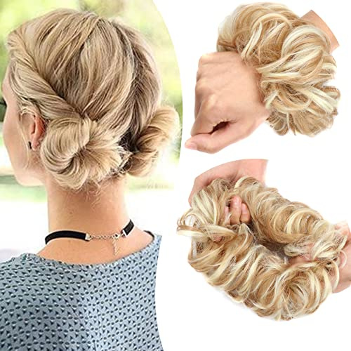 Haarteil Dutt mix Haargummi mit Haaren Helles Goldblond & gebleichtes Blond Hochsteckfrisuren Gummiband Gewellt Haarverlängerung Extensions für Damen Hightlights 45g