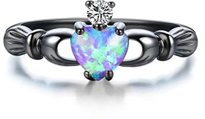 BIOLIVING Charme-weiblicher Weißer Blauer Opal-Stein-Ring-Weinlese-schwarz-Gold-Eheringe Für Frauen Lieben Claddagh-Herz-verlobungsring