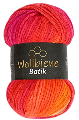 Wollbiene Batik Wolle mit Farbverlauf mehrfarbig 100g Multicolor Strickwolle Häkelwolle (1410 rot orange)