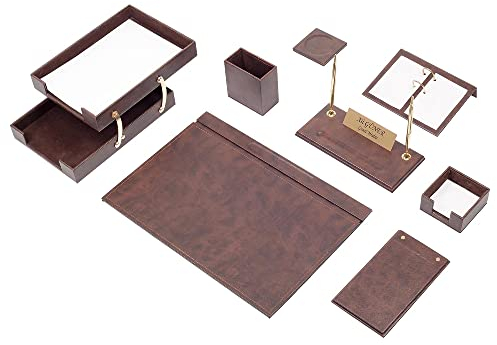 Schreibtisch-Set aus braunem Leder – Schreibtischunterlage – Notizpapierhalter – Stifthalter – Lederuntersetzer – Schreibtischzubehör – Schreibtisch-Organizer – braun (10-teiliges Doppelfach)…