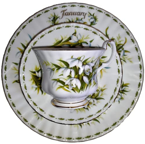 AngiesStrickZauber Vendue : Royal Albert/Original/Flower of the month/Janvier/1 tasse – 1 soucoupe – 1 assiette à gâteau/originale/Bone China/Angleterre