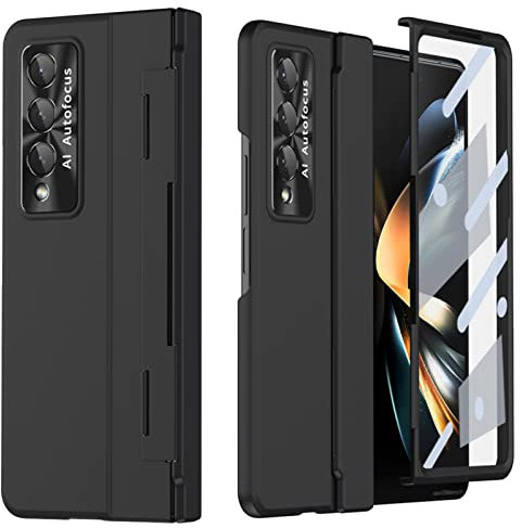 YQODSZ for Samsung Galaxy Z Fold 4 Case with Flat Hinge Protection, [Metal Camera Lens Protector] [Screen Protector] Matte Hard PC Back Cover Wireless Charging Compatible Case for Z Fold 4 - Black