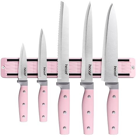 hecef 5-Piece Stainless Steel Knives Collection with 13″ Magnetic Holder – Professional Sharp Knife Set Featuring Triple-Riveted Pink Handle for Meat & Vegetables