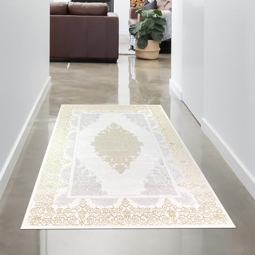 CARPETIA Teppich Wohnzimmer kurz Orient Ornamente glänzend Mäander bezaubernd Kurzflor Flur Garderobe Läufer Creme Gold 60x110 cm
