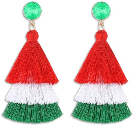 3 Layered Tassel Earrings Bohemian Quasten Ohrringe Rot Weiß Grün Geschichtete Quastenohrringe Boho Geschichtete Quastenfadenohrringe Bohemian Quaste Anhänger Ohrringe Weihnachten