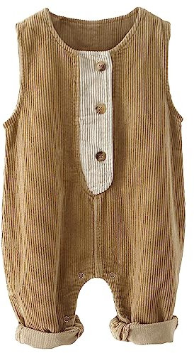 FEOYA Salopette in velluto a coste, unisex, pantaloni da lavoro, per bambini, con tasche, tuta per ragazzi, ragazze, con bottoni, abbigliamento neonato, salopette per primavera, autunno, Marrone 3, 5