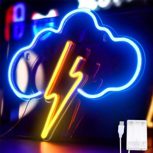 EBKCQ LED Niedliches Wolken Neonlicht,Neon Light Sign Cloud, Blau Wolke und Gelb Blitz Neon Sign, Batterie oder USB Powered Licht Wand Led für Schlafzimmer, Kinderzimmer, Wohnzimmer, Bar, Party