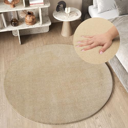 TAPISO Cuddle Teppich Rund Shaggy rutschfest Hochflor Beige Langflor Einfarbig Weich Waschbar Wohnzimmer Schlafzimmer Kinderzimmer ÖKOTEX 120 x 120 cm