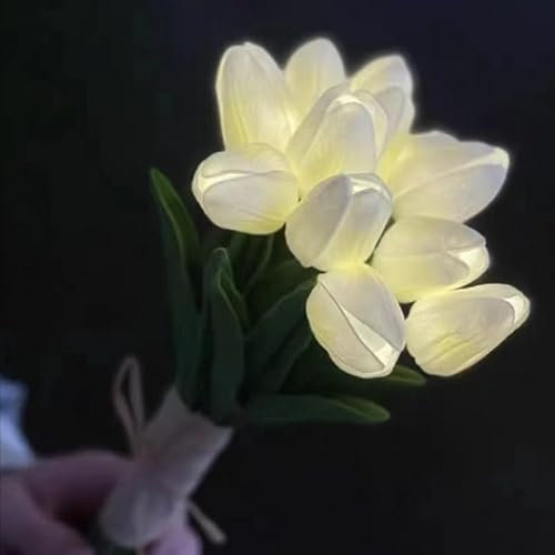 SUAVER Künstliche Blumen Tulpe mit LED-Leuchten Tulip Bouquet,Gefälschter Tulpenstrauß Echte Berührungsblumen,batteriebetrieben Urlaub HochzeitFotografie Home Dekoration Geschenke (15, Weiß)