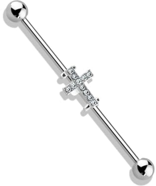 beyoutifulthings Industrial-Piercing Silber Kreuz Zirkonia Clear Industrial-Barbell Industrial-Bar Chirurgenstahl Stab-länge 38-mm