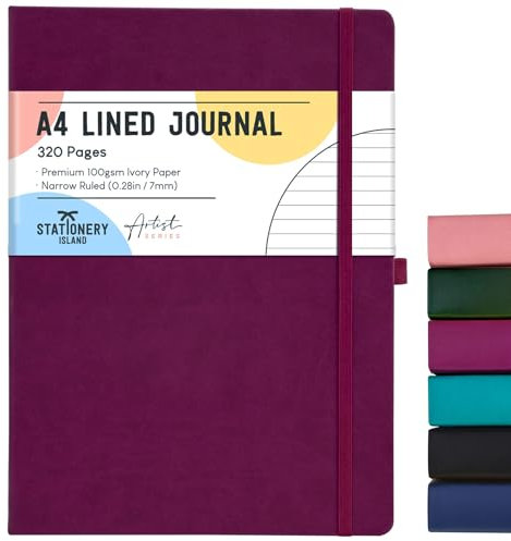 STATIONERY ISLAND A4 liniertes Notizbuch, 320 Seiten dickes Tagebuch, liniertes Tagebuch, Hardcover mit 100 g/m² zum Schreiben, Arbeiten, Lernen, Tagebuch, Beere