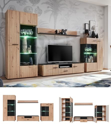 Wohnwand Soli - Wohnzimmermöbel - Schrankwand für Wohnzimmer - Wohnzimmerchrank - Anbauwand Wohnwand - 310cm - Modern - 10 - Artisan Eiche +Schwarz Matt