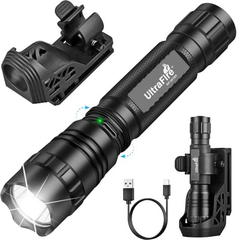 UltraFire Taktische Taschenlampe mit Dienstgürtel Holster, 1000 Lumen Wiederaufladbare Polizei Taschenlampe für Strafverfolgung, 3-Mode Sicherheits LED Taschenlampe mit Gürtelhalterung WF-501BX