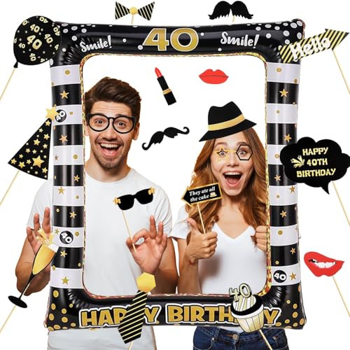 40. Geburtstag Fotobox Accessoires 16 Stück Photobooth und 1 Stück Aufblasbarer Fotorahmen Photo Booth Geburtstag Deko 30 Geburtstag Männer Frauen
