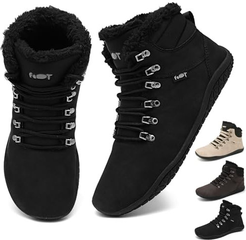 Geweo Barfußschuhe Winter Sneaker Stiefel Breite Walking Schuhe Barfuss Damen Herren Trail Minimalistische Warm Gefüttert Leder Zero Drop Solhe Fitness Weit rutschfest Wasserabweisend