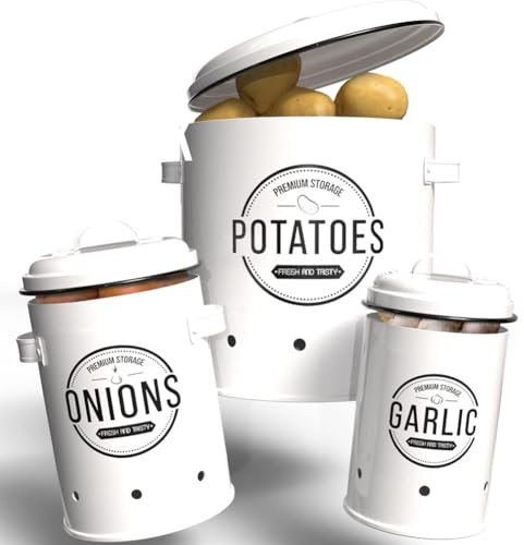 Theo&Cleo Kartoffel Aufbewahrungsbox [3er Set], Kartoffeltopf Set mit 360° Belüftungssystem, Vorratsdosen für Kartoffeln, Knoblauch und Zwiebeln (Weiß)