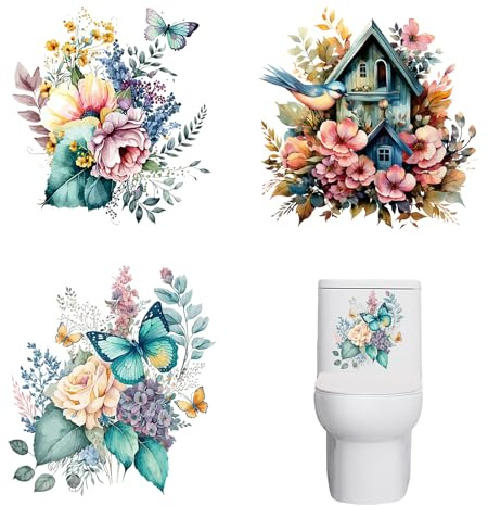 NICENEEDED 3 PCS Green Plant Toilet Stickers, Self Adhesive Flowers Toilet Lid Decals Brids Bathroom Wall Sticker, Waterproof Butterfly Toilet Stickers Removable Floral Toilet Tank Decals Decor