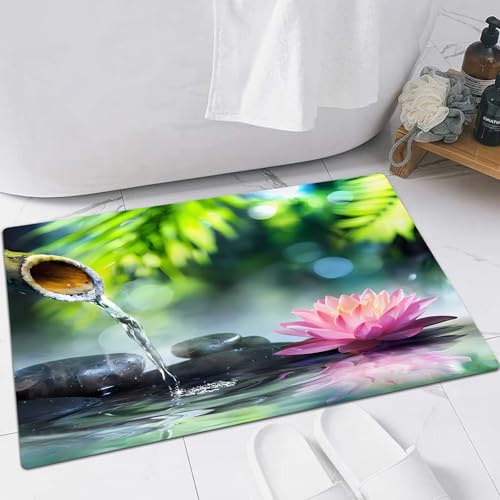 FSDGY Badvorleger Fußmatte Flauschig Teppich Badezimmerteppich Duschmatte für Bade & Wohnzimmer Schlafzimmer,Zen-Garten mit schwarzen Steinen und rosa Seerose,40x60 cm