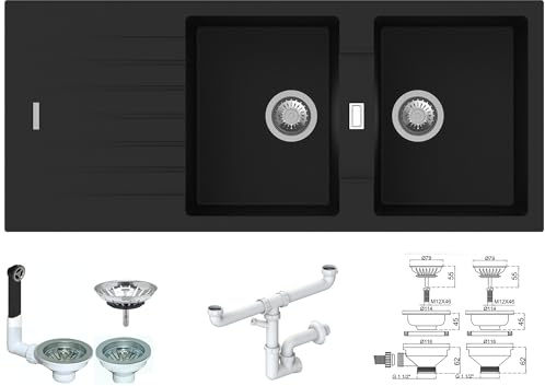 Fhuller PTPL1162GB Lavello da Incasso, 116x50 cm, 2 Vasche con Gocciolatoio, Granito Nero, Serie Pietra Plus