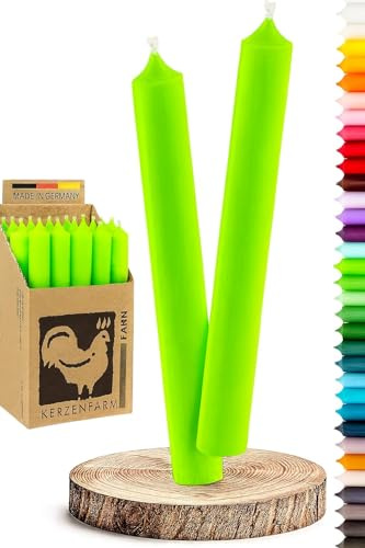 Stabkerzen Neon Grün - Premium Qualität [Made in Germany] - 10 Spitzkerzen durchgehend gefärbt - 22mm Durchmesser, 18cm Höhe - Kerzenfarm Hahn - lange Brenndauer (8+ Stunden)