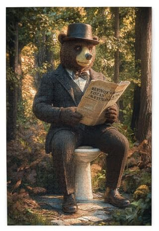 BEAROWL Gentleman Bear in Pinstripe Suit Jigsaw Puzzle, 1000 Fun Wooden Puzzles, Bowler Hat and Bow Tie, Reading The Newspaper On The Jungle Toilet，Adult Vacation Entertainment Games