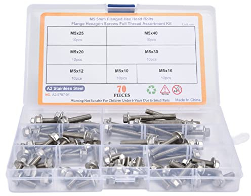BAFOVY Kit di Assortimento di Bulloni M5, Acciaio Inossidabile 304, Bulloni della Flangia Esagonale 70pc con Lunghezze Multiple, Kit di Assortimento di M5, Set di di, Set di di