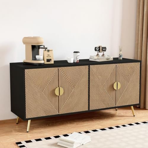 LULUWA Sideboard Wohnzimmer mit 4 Türen 160cm, Kommode mit Goldenen Gebürsteten Griffen und Hochglanz Tischbeinen