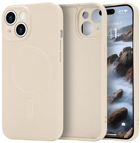 Urarssa Magnetic Case for iPhone 15, Liquid Silicone, Beige | Compatible with Magsafe, Premium Gel Rubber Silky-Soft Touch Phone Case, Anti-Scratch Shockproof Drop Protective Phone Cover