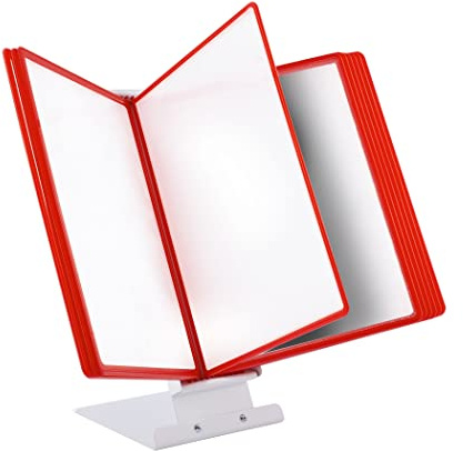 LEVIATAN Tisch-Sichttafelsystem A4 | 10 Präsentationstafeln | Stabiler Metall-Standfuß | Dokumenten-Display für Büro, Werkstatt, Empfang | Rot