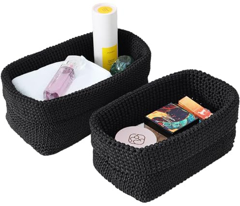 ASOUUNLD Aufbewahrungskorb Bad 2er Set Geflochten 29 × 15 × 18,5 cm | Schwarzer Häkelkorb in Strickoptik für Handtücher, Kosmetik, Toilettenartikel, Regale, Badezimmer und Schlafzimmer