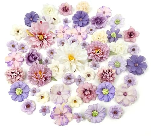 ROLLWAY 60 Stück Kunstblumen zum Basteln Lila Weiß, Klein Künstliche Blumen | 17 Typen, Blumenköpfe 2~8cm, Mini Kunstblumen Deko, Für DIY Hochzeit Tortendeko