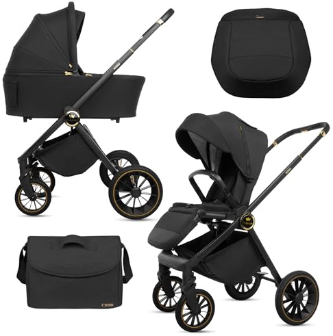 BabyLux® Kinderwagen 2in1 ROSSO, Faltbar Leicht Kombikinderwagen Set incl. Babywanne, Buggy Sportsitz, Wickeltasche und mehr Zubehör, 4 Liegepositionen, 0-22kg (0-4 Jahre), UV Schutz 50+. Belüftung