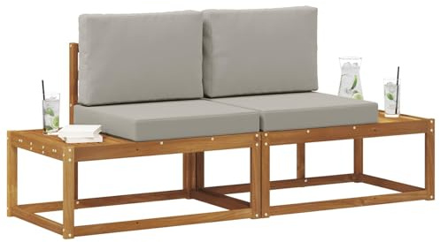 vidaXL Outdoor End Sofa mit Kissen 2 Stück Natürlich und Hellgrau, Balkonmöbel, modernes Akazienholz, langlebiges wetterbeständiges Design, vielseitig für den Außenbereich