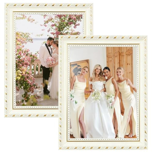 2er A4 WeißVintage Bilderrahmen Set, Bilderrahmen Hochzeit mit Weiß Goldgeprägt für Ständer Wandaufhängung Hoch Querformat Wunderschön Bilderrahmen Set für Hochzeitsgeschenk Wohnzimmer Deko, 21X30CM