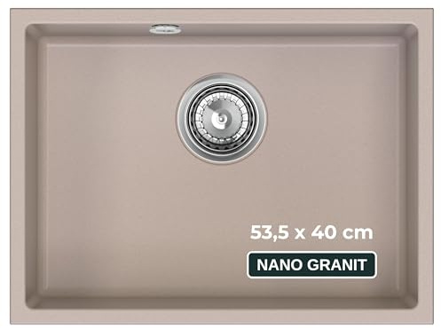 SINK QUALITY Évier encastrable en granit pour meuble bas de 60 cm, beige, 53 x 40 cm, avec siphon et produit d'imprégnation, pour meuble sous-évier de 60 cm, résistant aux rayures