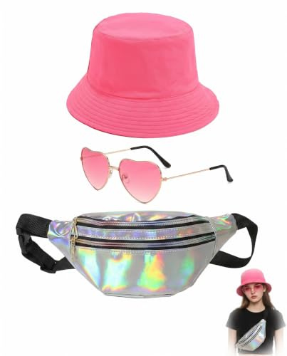 KACZUS Set da Festa di Maiorca da Donna a 3 Pezzi – Cappello da Pescatore, Occhiali a Cuore Rosa, Gadget Marsupio Colorato – Accessori per Feste e Festival