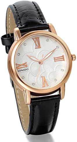 JewelryWe Damen Armbanduhr, Exquisit Leder Analog Quarz Uhr mit Strass Kamelie Blume römischen ziffern Zifferblatt, merfarblig