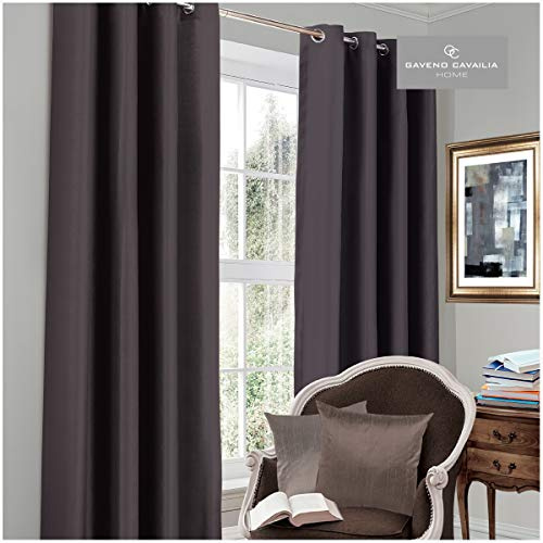 Gaveno Cavailia Luxury Thermal Fully Lined Pair of Eyelet BLACK OUT CURTAINS Charcoal 90x90 In