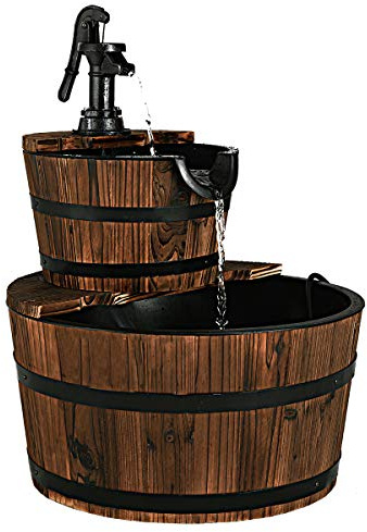 Giantex Wasserfallbrunnen für den Außenbereich, 2-stöckiger Wasserfallbrunnen aus rustikalem Holzfass mit elektrischer Pumpe, Luftwasserfunktion, ultimativer Handeingriff