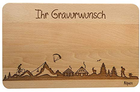 SNEG Brotzeitbrett Alpen Skyline | Frühstücksbrettchen aus Buche | Holz Schneidbrett | Geschenk mit Gravur | Frühstücksbrett (Brett L (26x16x1,5cm), 2. mit persönlicher Gravur)