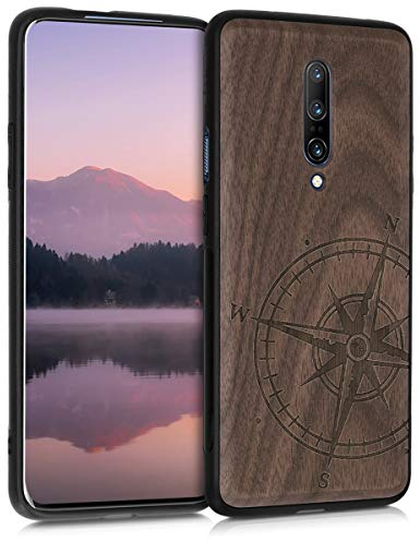 kwmobile Hülle kompatibel mit OnePlus 7 Pro Hülle - Holz Case - Handy Cover - TPU Handyhülle in Dunkelbraun Kompass Vintage