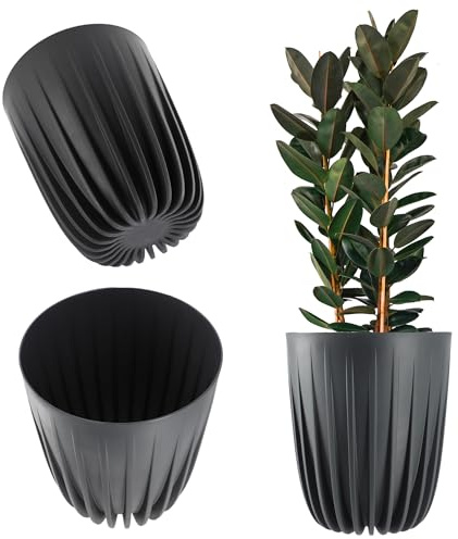 KADAX Blumentopf aus Kunststoff mit Naturmaterialien, Moderne Pflanztöpfe, Pflanzentopf mit geometrischem Muster, runder Blumenkübel mit Einsatz, Naturblumentopf, Hochübertopf (∅ 14,5 cm, Anthrazit)